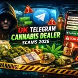 UK Telegram Cannabis Dealer scam warning illustration showing fake Telegram weed dealers
