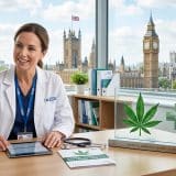 Medical cannabis in the UK 2026 guide showing cannabis leaf and healthcare symbol