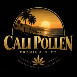 Cali Pollen premium sift – golden Californian-inspired hemp pollen logo with palm trees and sunset